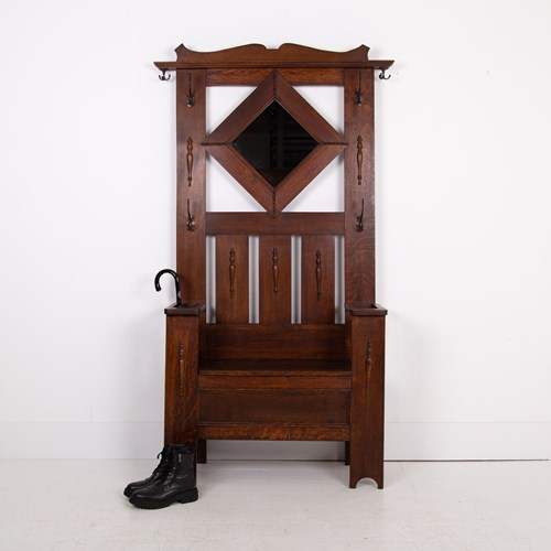 Arts And Crafts Oak Hallstand Seated Storage C1910