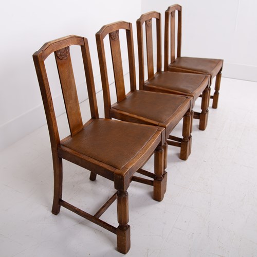 4 English Oak Art Deco Dining Chairs C1930s