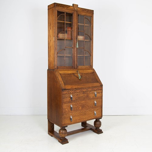  Oak Art Deco Glazed  Bookcase Bureau With Drawers C1930