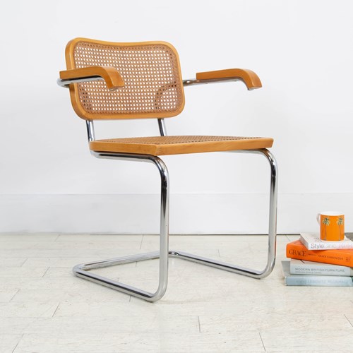 Marcel Breuer Style Cane And Chrome Armchair By Cidue C1970