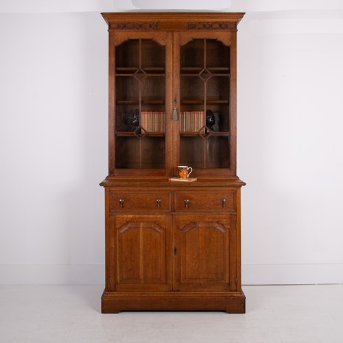 Antique Oak Glazed Bookcase Cabinet C1910