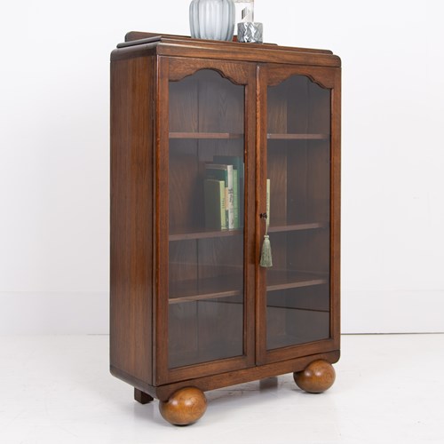 Oak Art Deco Glazed Bookcase Cabinet C1930s