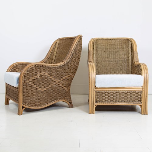 Pair Mid Century Wicker Bamboo Armchairs C1980s