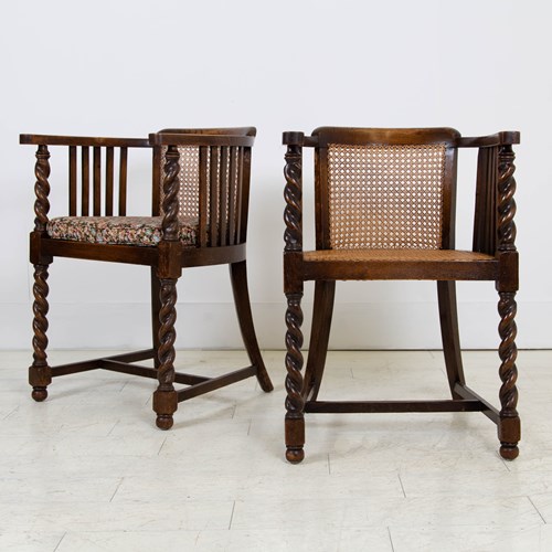 Pair Oak And Cane Armchairs Occasional Chairs C1915