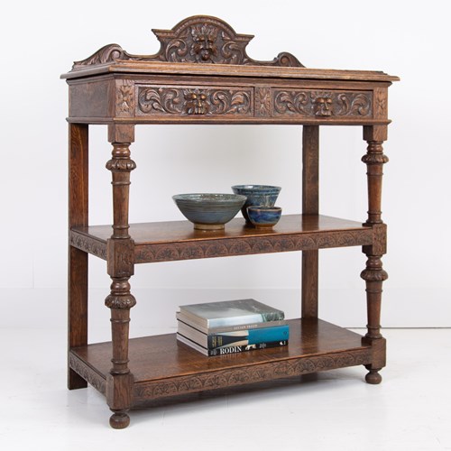 Antique English Carved Oak Green Man Buffet Dumbwaiter