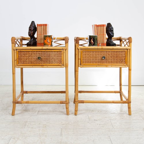 Pair Mid Century Bamboo And Cane Side Tables