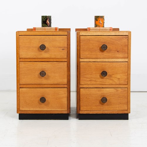 Pair 1930S Oak Bedside 3 Drawer Cabinets Nightstands