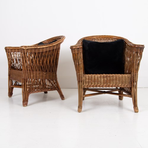 Pair Mid Century Wicker Armchairs Garden Room Chairs