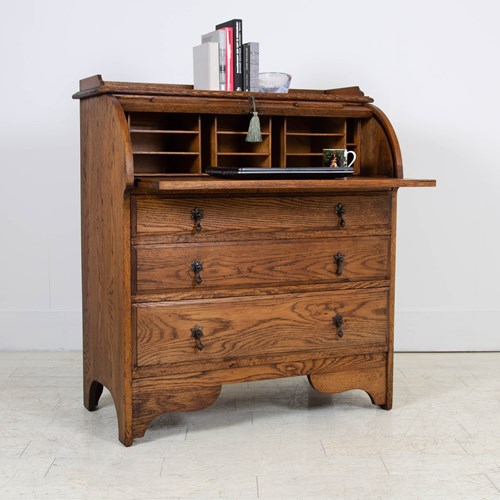 Antique Oak Tambour Roll Top 3 Drawer Bureau Desk C1915