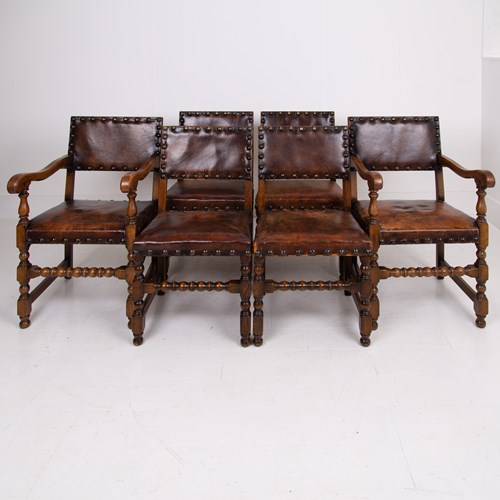  Handosme1930s Set Of 6 Oak And Leather Dining Chairs