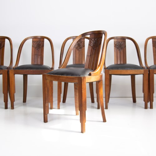 6 Art Deco Leather Seated Dining Chairs C1930