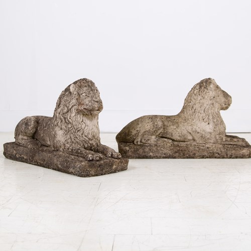 Pair Of Weathered Stone Garden Lions