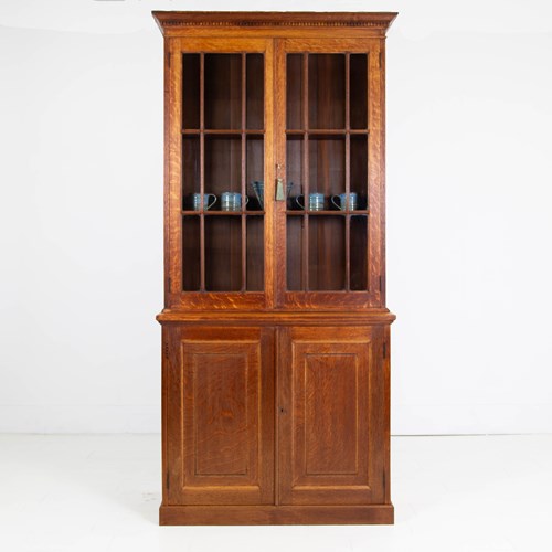  English Solid Oak Glazed Bookcase Cabinet C.1915