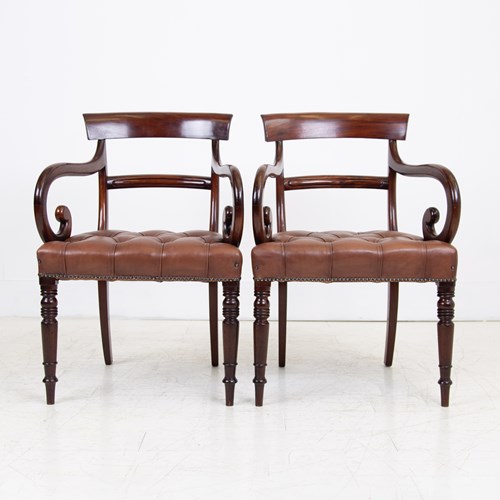 Antique Scroll Armchair Leather Seat C.1860 X2