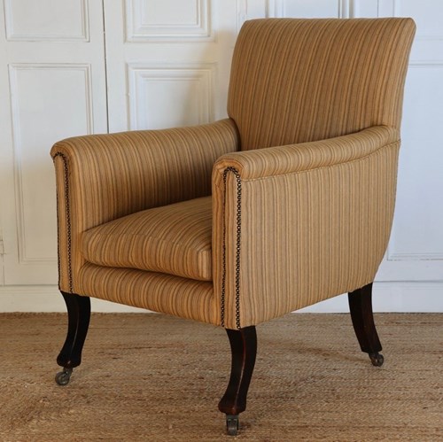 C19th English Library Armchair Upholstered In Rose Tarlow Ticking