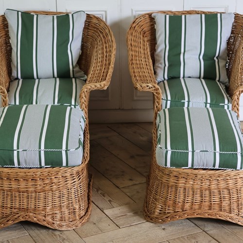 Comfortable Pair Of Mid To Late C20th Wicker Conservatory Armchairs And Stools