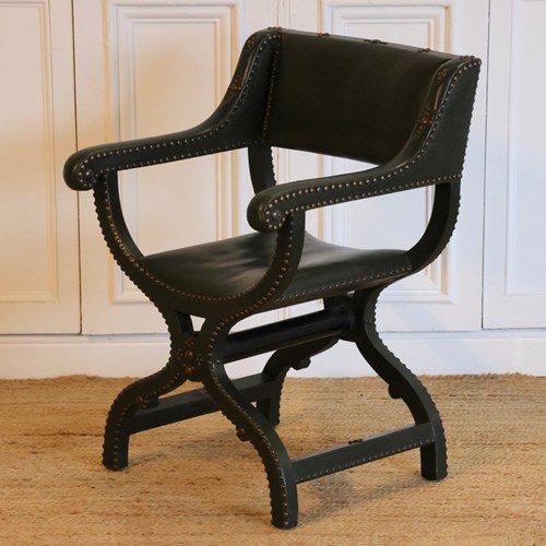 Early 20Th Century French Green Leather Studded X Frame Chair