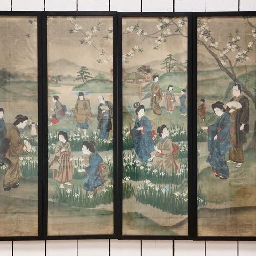 Exquisite 18Th / 19Th Cent Japanese Hand Painted Silk Panels Depicting Spring