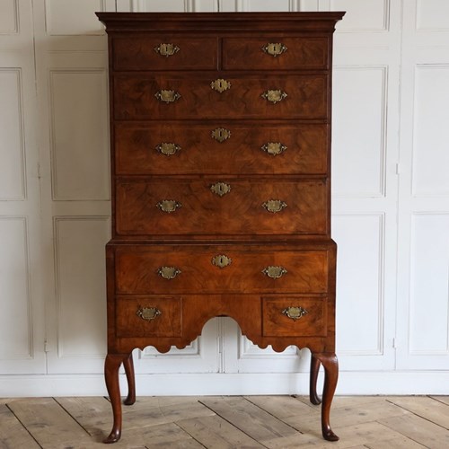 Fine 18Th Century English Queen Anne Period Figured Walnut Chest On Stand