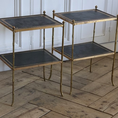 Fine Pair Of Mid 20Th Century Brass & Leather Two-Tier Etageres