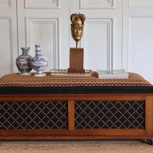 Large 19Th Century English Needlework Ottoman With Mahogany Frame And Castors