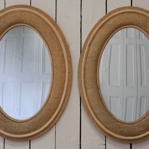 Large Pair Of Mid 20Th Century Oval Mirrors In Wicker