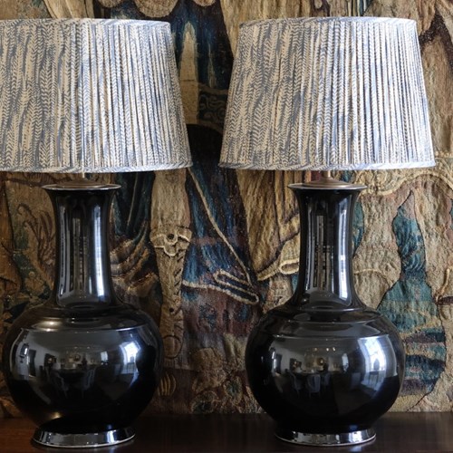 Large Pair Of Mid C20th Chinese Porcelain And Monochrome Black Glaze Lamps