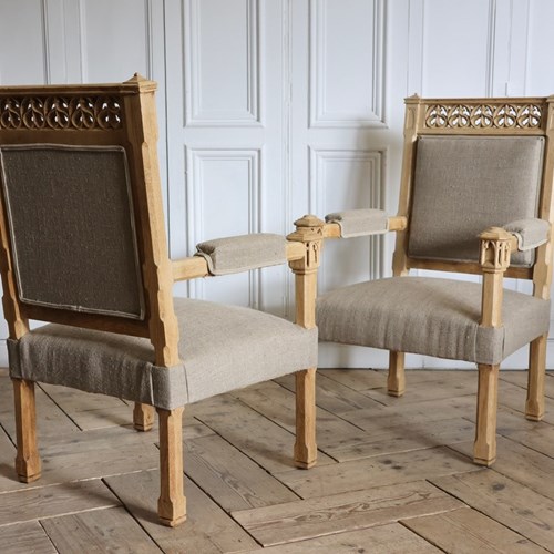 Pair Of 19Th Century English Bleached Oak Gothic Armchairs