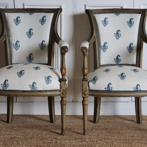 Pair Of C19th French Painted Fauteuils Upholstered In GP & Baker Pimlico Linen