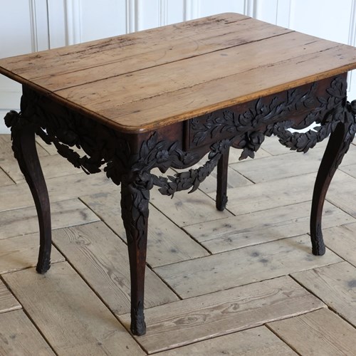 Rare C19th French Country Fruitwood Table With Leather Leaves And Flowers To All