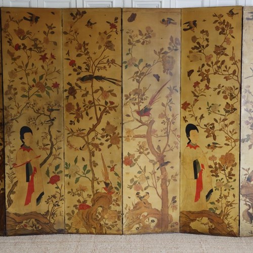 C19th Six Panel Chinoiserie Lacquered Folding Screen From Howth Castle, Dublin