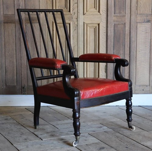 19Th Century English Ebonised Open Armchair In Red Leather