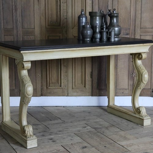 Large 19Th Century English Marble Top Console Table In Bleached Oak 