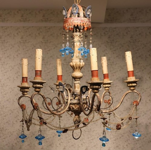 Early 20Th Century Italian Wood & Glass Painted Chandelier 