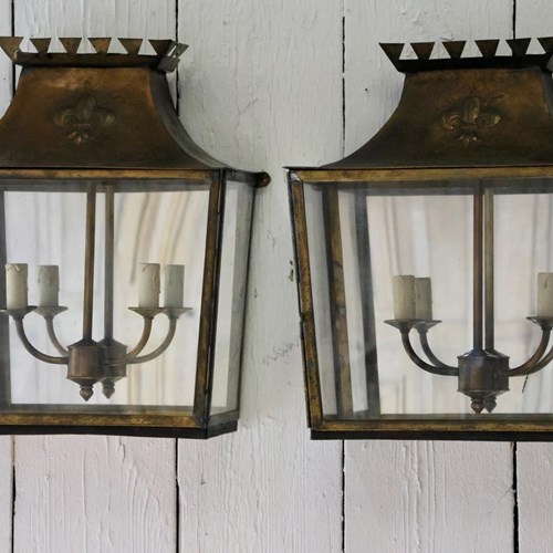 Large Pair Of Mid 20Th Century Continental Wall Lanterns In Brass