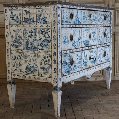 Early 19Th Century Italian Painted Commode In The Delft Manner