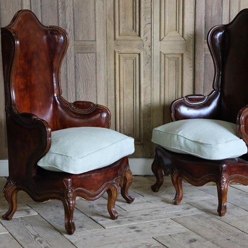 Unusual Pair Of Small 1970S High Back Leather Armchairs
