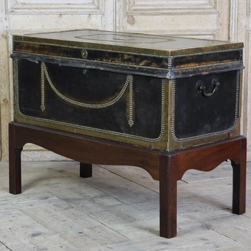 19Th Century Leather Covered Campaign Chest On Stand