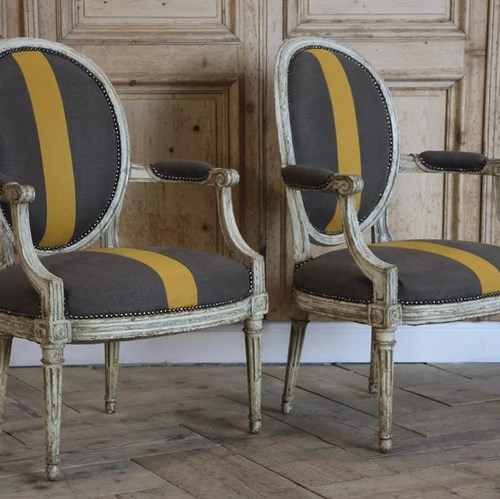 Fine Pair Of Late 18Th Century French Louis XVI Period Painted Fauteuils