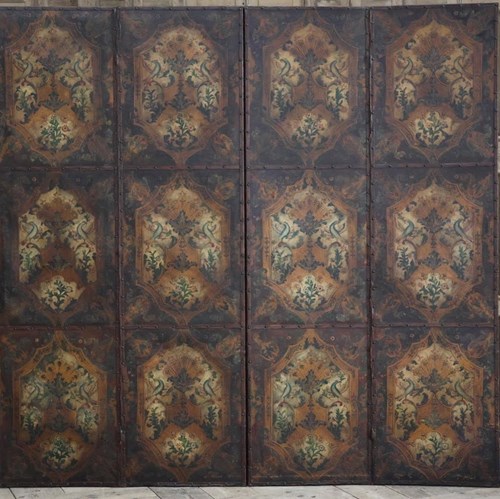 19Th Century Four Fold Dutch Painted Leather Screen