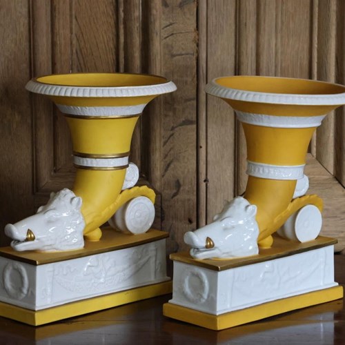 Matched Pair Of Late 20Th Century Spanish Yellow Glazed Cornucopia Vases