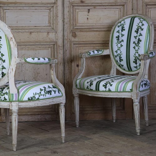 Fine Pair Of Late 18Th Century French Louis XVI Period Painted Fauteuils Upholst