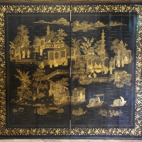 Fine Quality 19Th Century Gilt Lacquered Two Panel Folding Screen