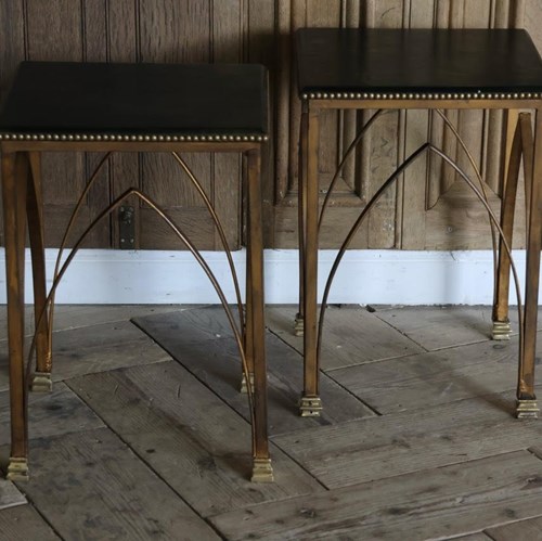 Pair Of French Patinated Metal Side Tables With Leather Tops Circa 1970S