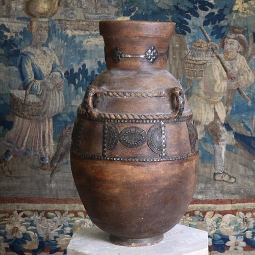Stylish 1960S Earthenware Andalusian Pot With Hammered Metal Detailing