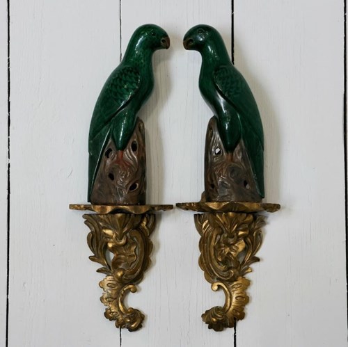 Pair Of C19th English Giltwood Brackets With Early C20th Green Glazed