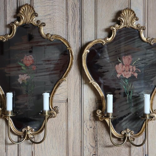 Charming Pair Of Mid C20th Spanish Gilded Girandoles With Reverse Painted Mirror