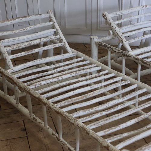 Unusual Pair Of Primitive Style Sun Loungers With Adjustable Head Rests