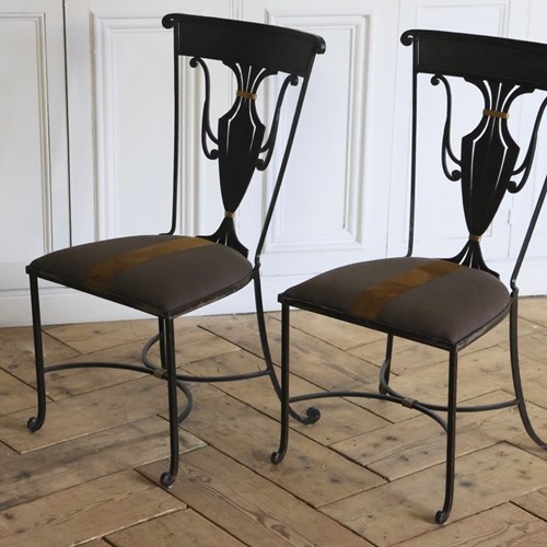 Very Stylish Pair Of C20th Metal & Brass Chairs In The Neoclassical Taste