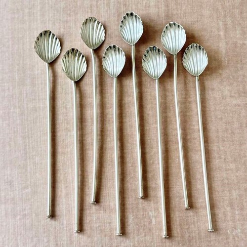 8 French Sterling Silver Clam Shell Cocktai Straw Spoons